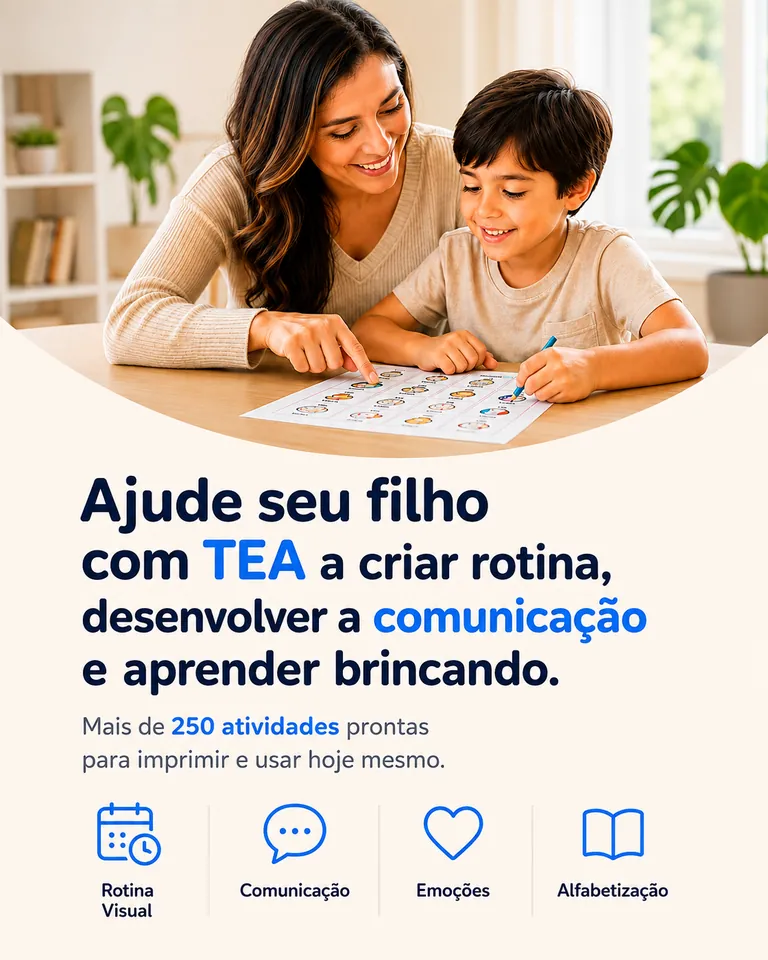 Ajude seu filho com TEA a criar rotina, desenvolver a comunicação e aprender brincando — mais de 250 atividades prontas para imprimir